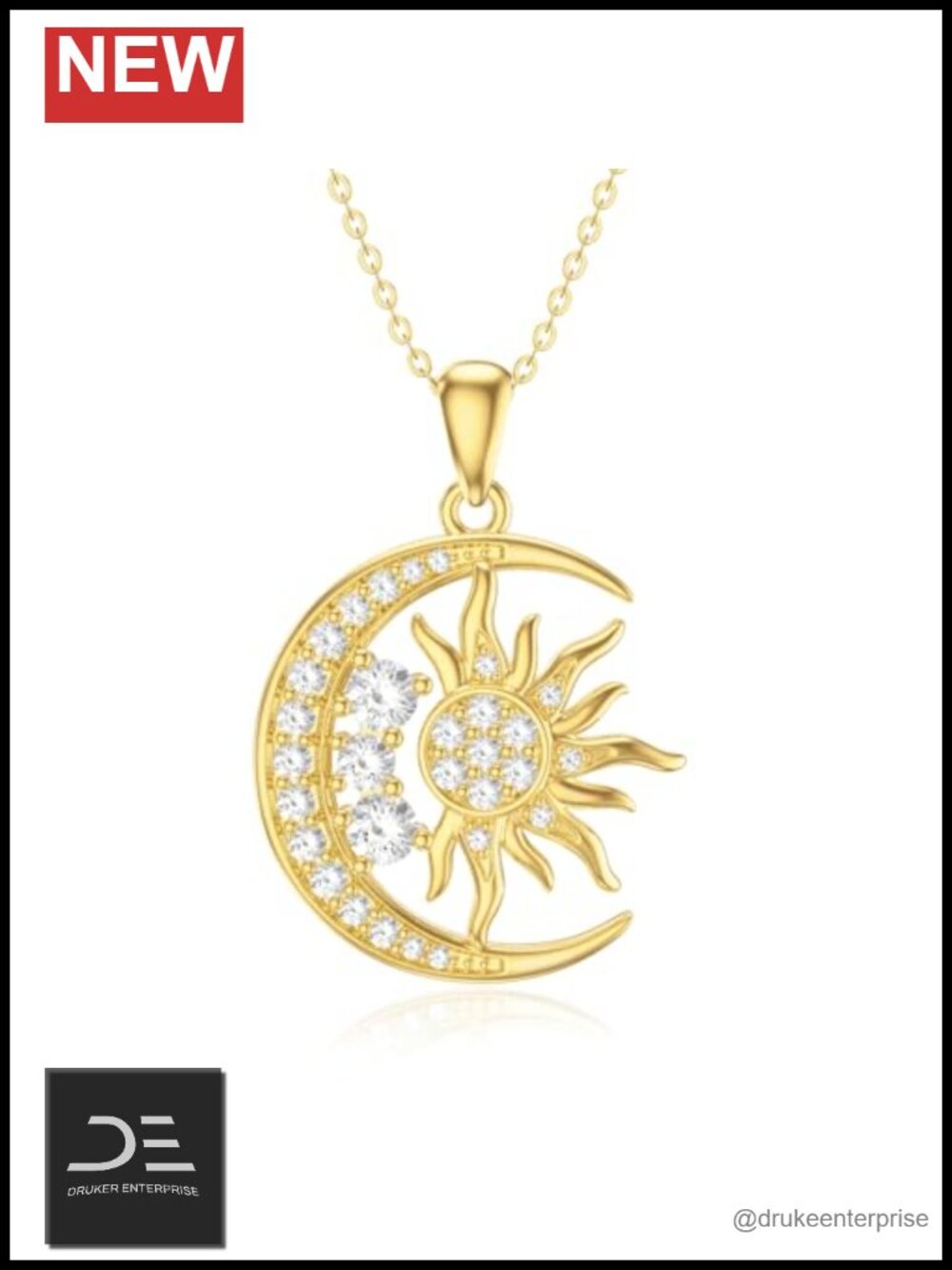 14K Gold Moon and Sun Pendant Necklace with Cubic Zirconia for Women Gift